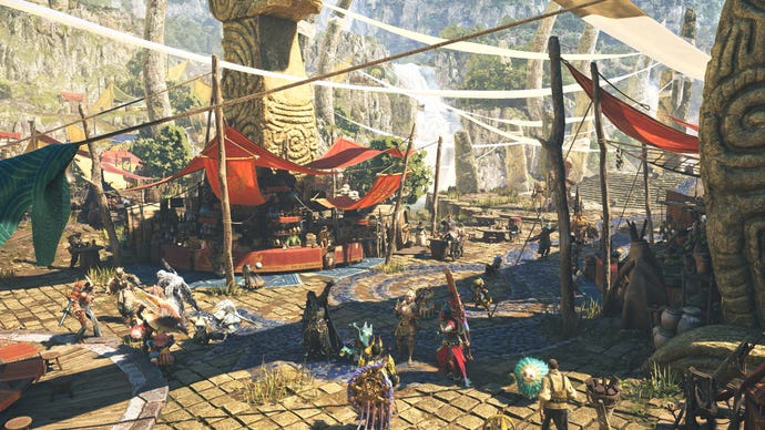 The Grand Hub country successful Monster Hunter Wilds - an expanse of carved chromatic pillars and colourful tents with tons of players milling around.