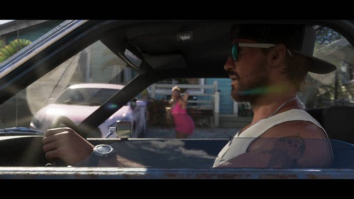 real-time ray-traced reflections galore in this shot from the GTA 6 Trailer 2, as Jason drives his car