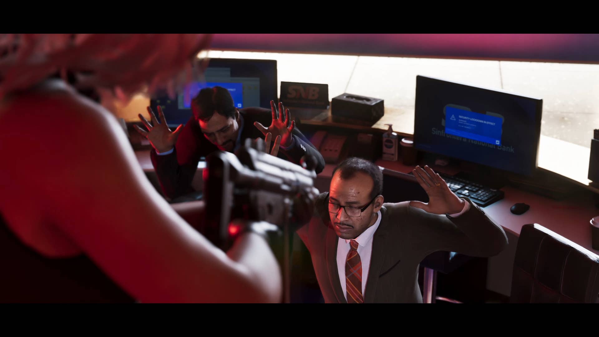 Sweat on the forehead of a hostage in GTA 6's Trailer 2