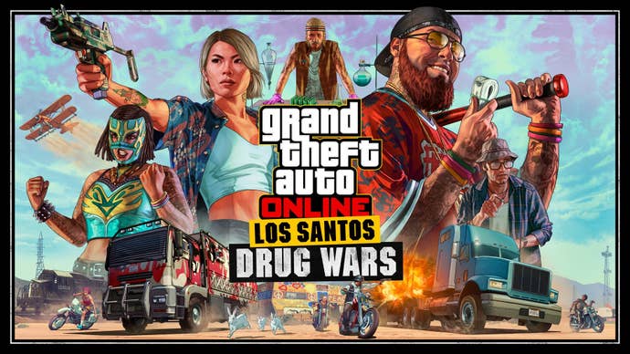 Key art from GTA Online’s Los Santos Drug Wars story update showing trucks racing in the desert and characters holding weapons and money