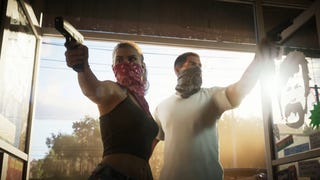 GTA 6's dual protagonists wield their guns as they burst into a store.