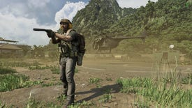 In Gray Zone Warfare, one mercenary stands with his back to his base's landing zone while a helicopter takes off behind him.