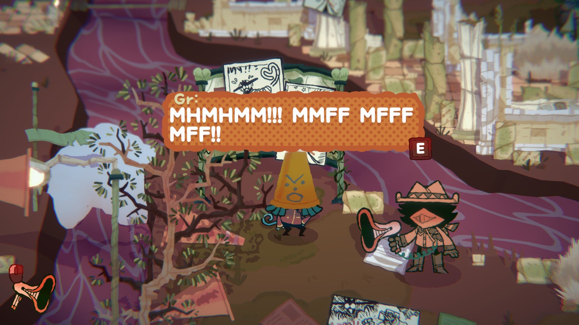 Gr huffs at the protagonist.