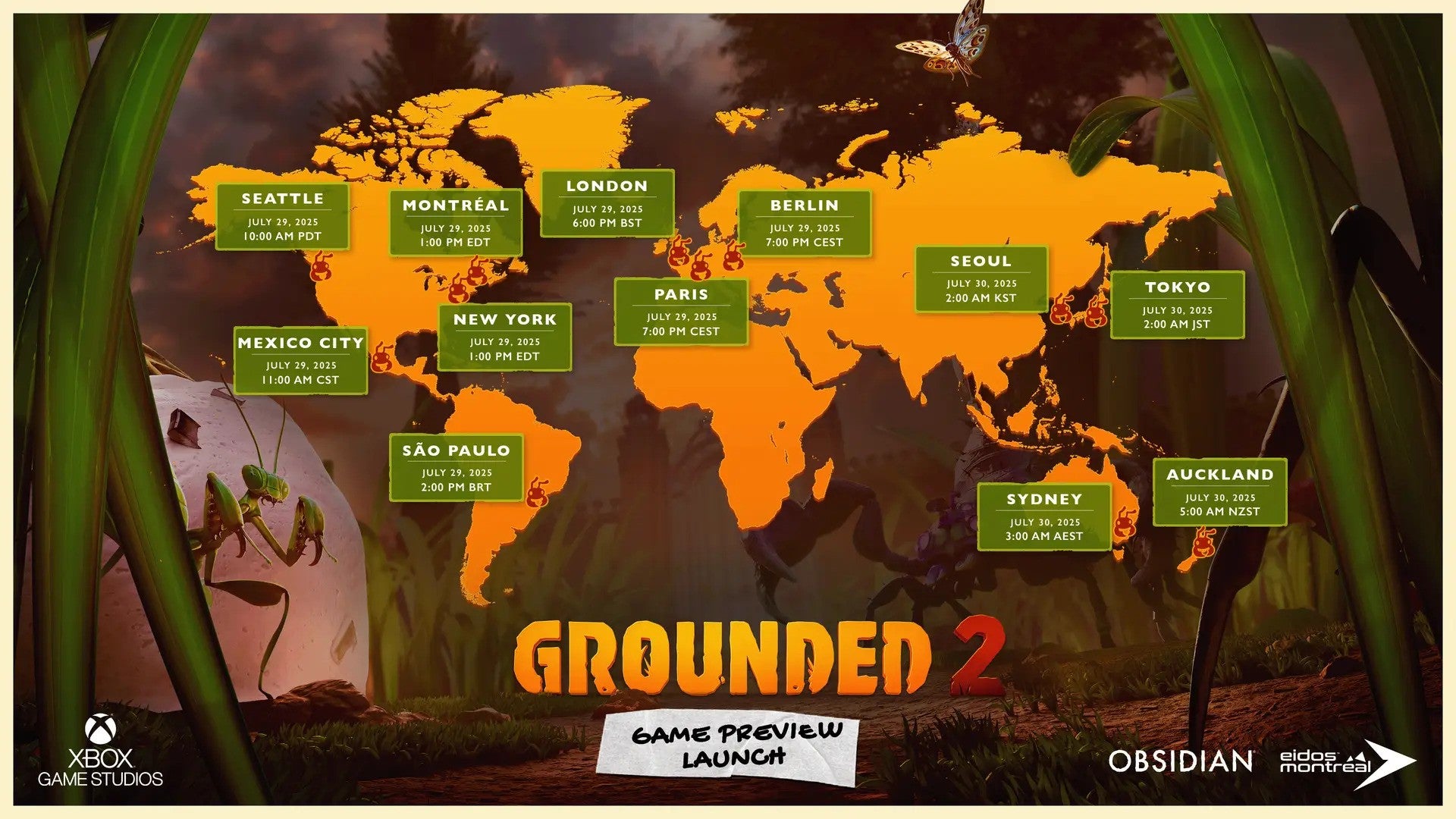 A map of the world showing Grounded 2 release times in various regions. - 4
