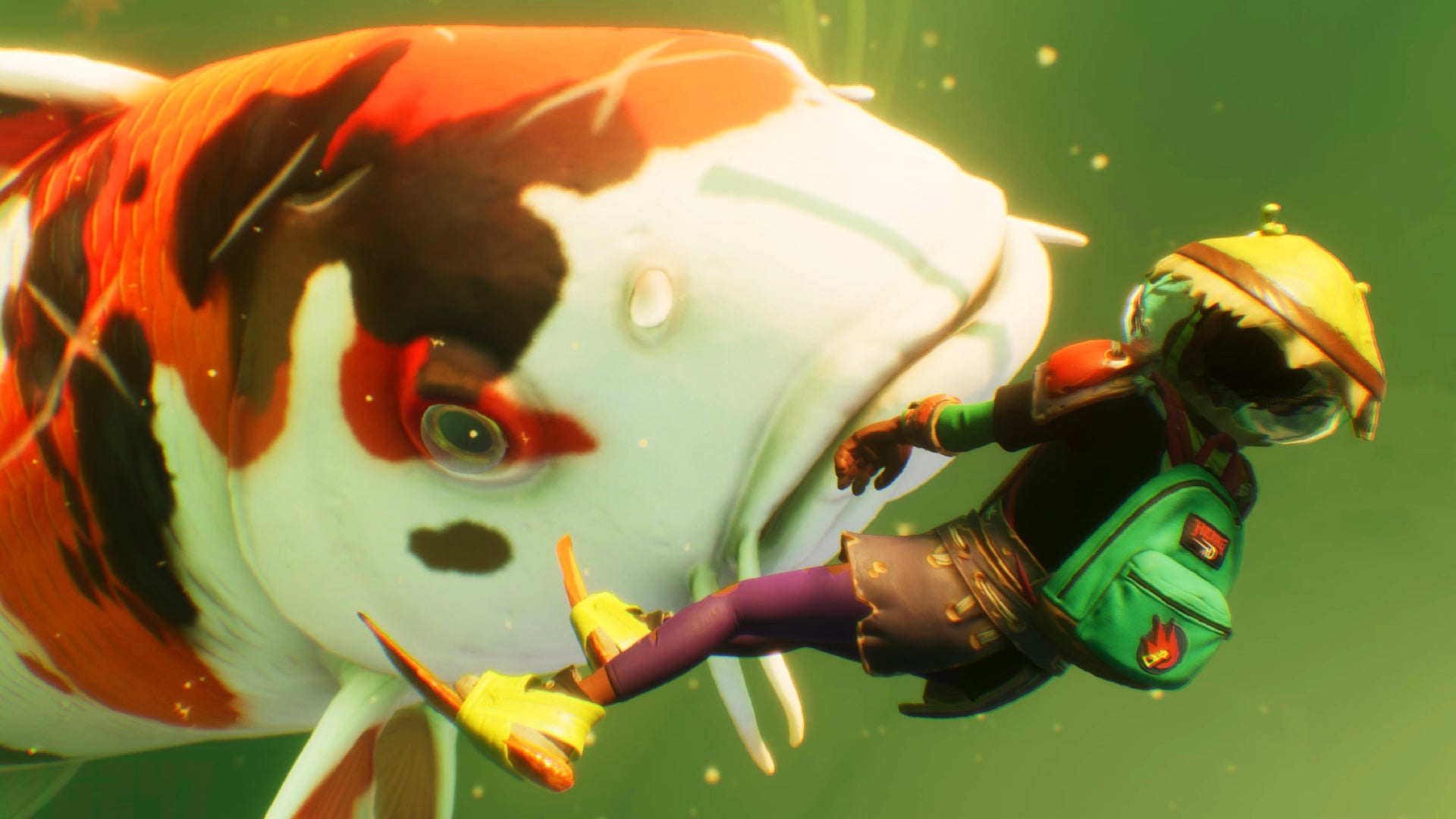 A massive koi carp approached a tiny human in a pond in Grounded. - 4