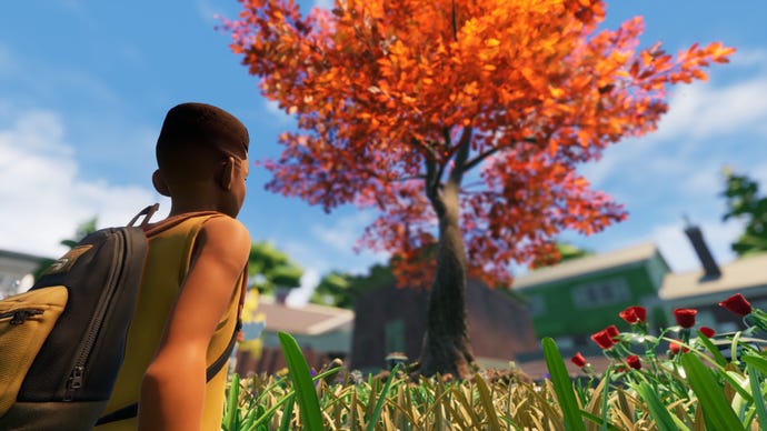 Grounded character stares over the garden and up towards the oak tree, beneath a blue sky.