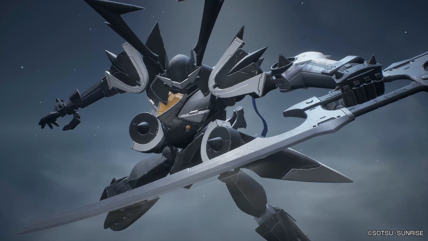 Black mech soldier readies its sword mid-air in Gundam Evolution