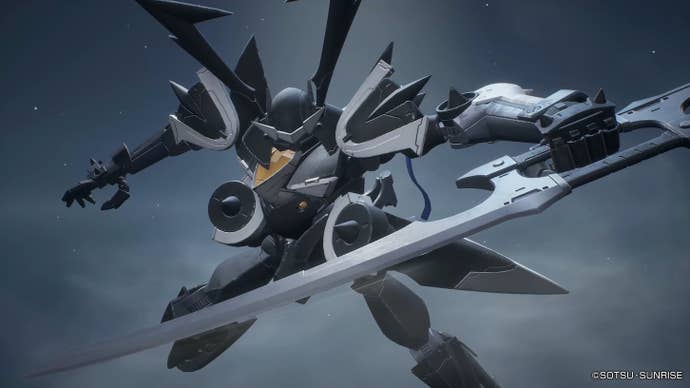 Black mech soldier readies its sword mid-air in Gundam Evolution