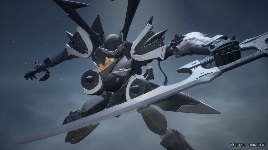 Black mech soldier readies its sword mid-air in Gundam Evolution