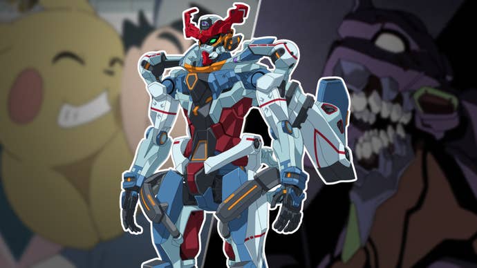 A Gundamn from Mobile Suit Gundam GQuuuuuuX is superimposed over an image of Pikachu and Ash from Pokemon, and Eva Unit-01 from Neon Genesis Evangelion.