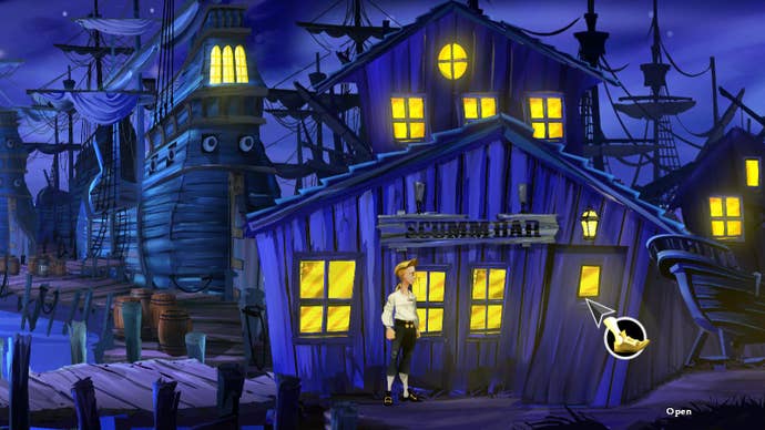 Guybrush Threepwood stands outside the Scumm Bar in Secret of Monkey Island