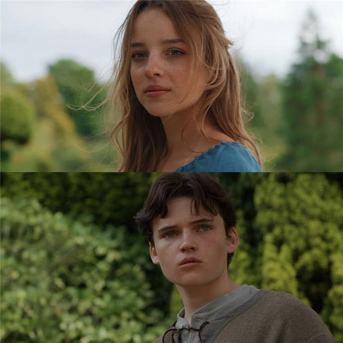 Two screenshots stacked vertically from the Zelda movie, in a grounded visual style. Top: Zelda; bottom: Link. Zelda is mousy blonde and faintly elf-like. Link is fresh-faced, with dark brown hair.