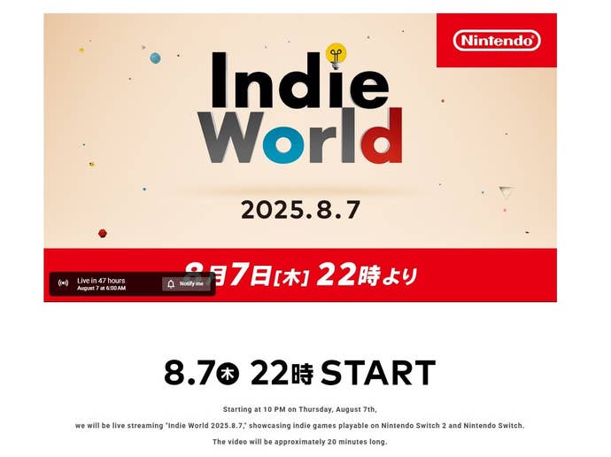 Details about the Indie World Nintendo Direct scheduled for 8th August, promising an extra 5 minutes of footage.
