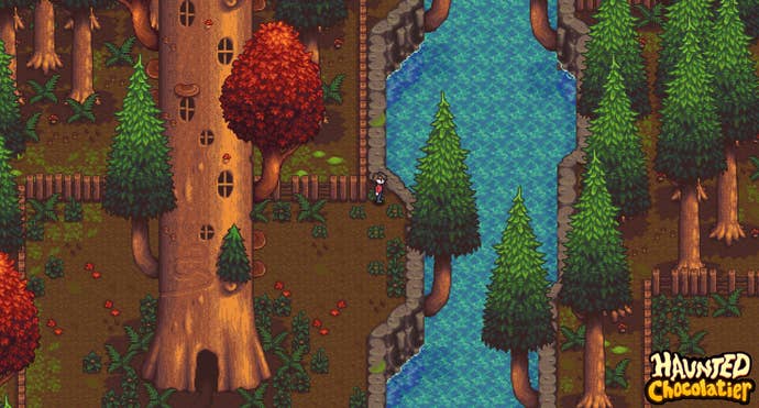 Haunted Chocolatier screenshot showing player character looking out over a river in pixel art