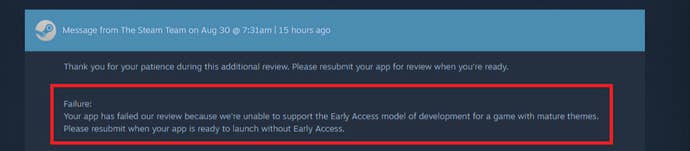 Message from Valve denying Early Access to developer on Steam