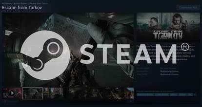 Steam logo over an Escape from Tarkov Steam page