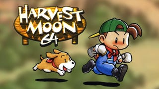 Artwork for Harvest Moon 64 showing a boy in a green cap and dungarees running as a dog follows behind