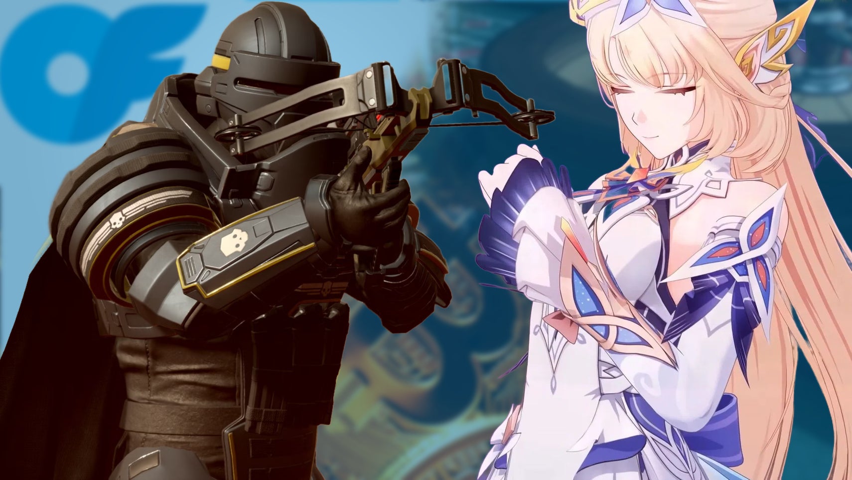 Helldivers and Genshin Impact characters over the top of an image showing gambling in GTA, a bitcoin symbol and the OnlyFans logo