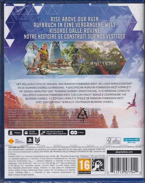 The back Horizon Forbidden West Complete Edition box shows the game will release across two discs on PlayStation 5.