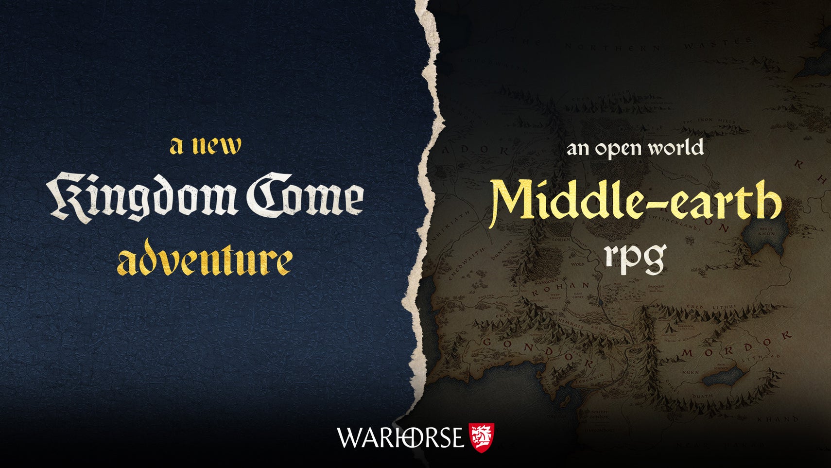 An image split down the middle, with the words "a new kingdom come adventure" on one side, and "an open world middle-earth rpg" on the other. The Warhorse studio logo is at the bottom.