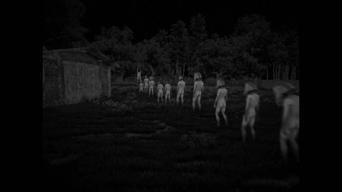 Naked humans in horse masks line up in Horses