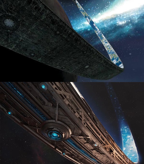 A comparison of two Halo rings, one in the original game, one in the remake.