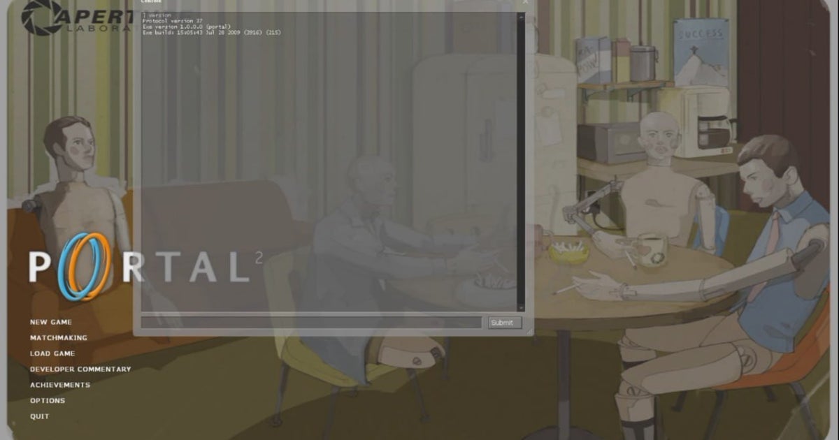 Photo: eurogamer.net An alternate main menu screen for the video game Portal 2, featuring the game's logo and menu options like "New Game,"
