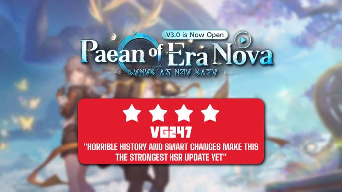 A screenshot of Honkai Star Rail overlaid with a 4-star review score and the quote “Horrible history and smart battle changes make this the strongest HSR update yet”.