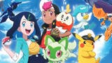 Artwork of Pokémon Horizons, featuring two protagonists, Scarlet and Violet starters, and Captain Pikachu