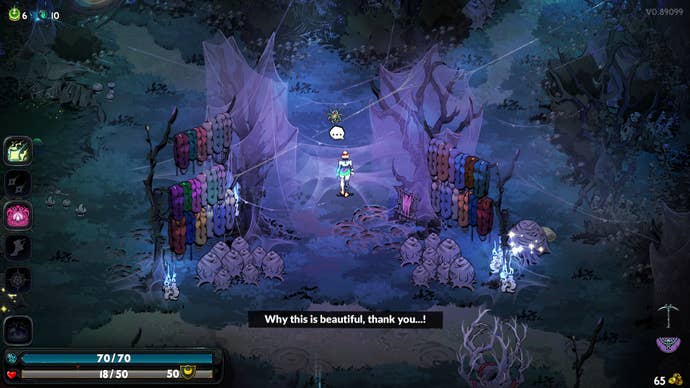 Hades 2 - Melinoe talks to Arachne in the form of a spider danging from a web. She says: “This is beautiful, thank you…"