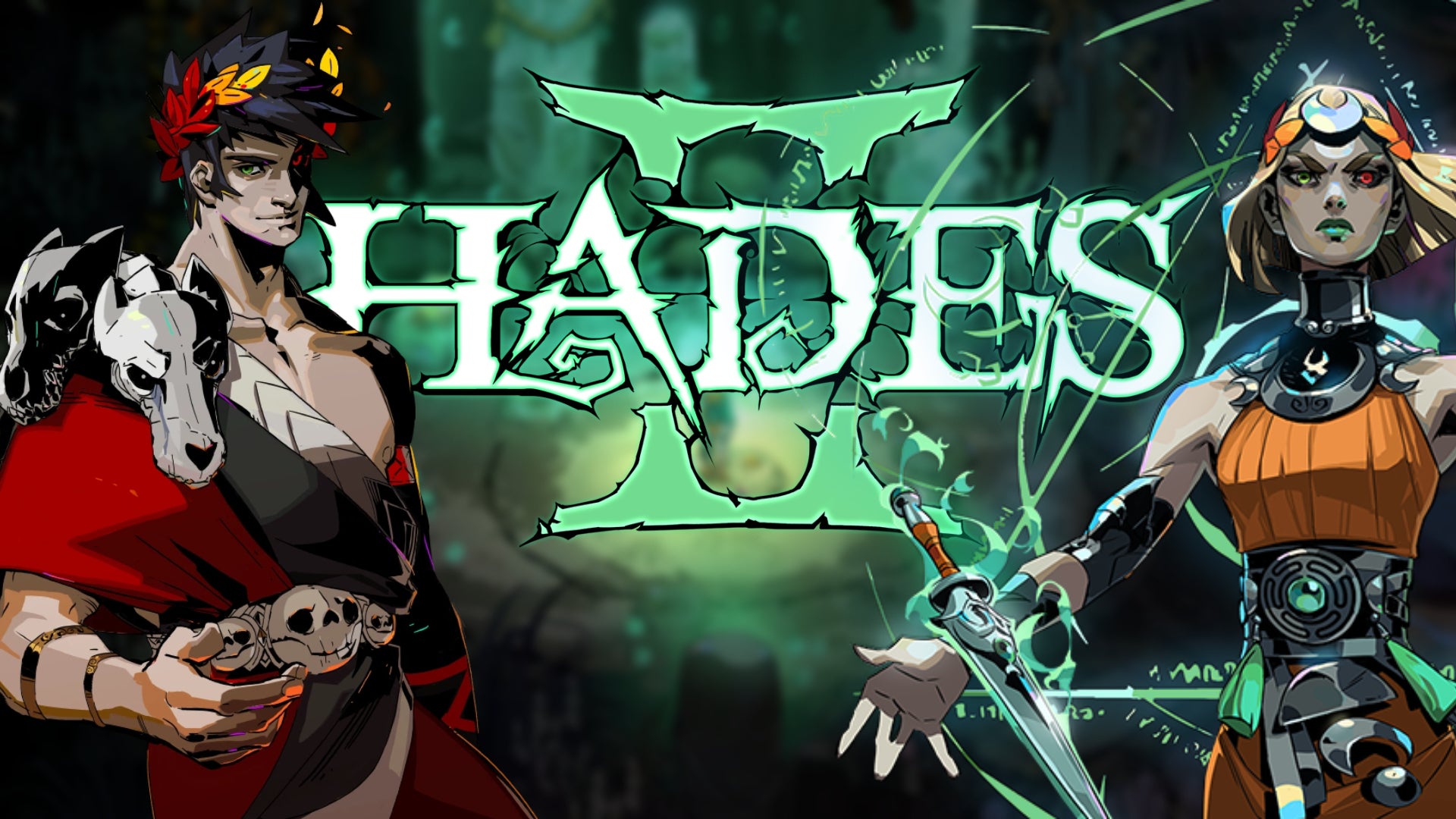 On the left, Hades' Zagreus, on the right, Hades 2's Melinoe, both stood with the logo for Hades 2 in between them. - 1
