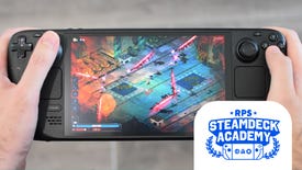 Hades 2 being played on a Steam Deck. The RPS Steam Deck Academy logo is added in the bottom-right corner.