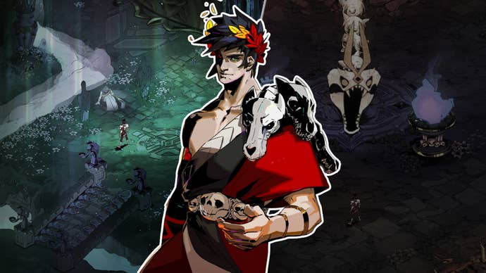 Zagreus from Hades stands between two desaturated screenshots from the game.