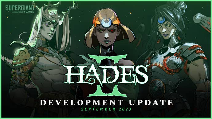 A piece of Hades 2 concept art with a banner reading “development update” and the witchy main character looking out at the viewer.