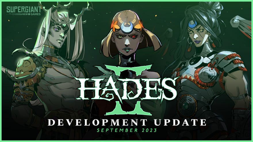 A piece of Hades 2 concept art with a banner reading “development update” and the witchy main character looking out at the viewer.