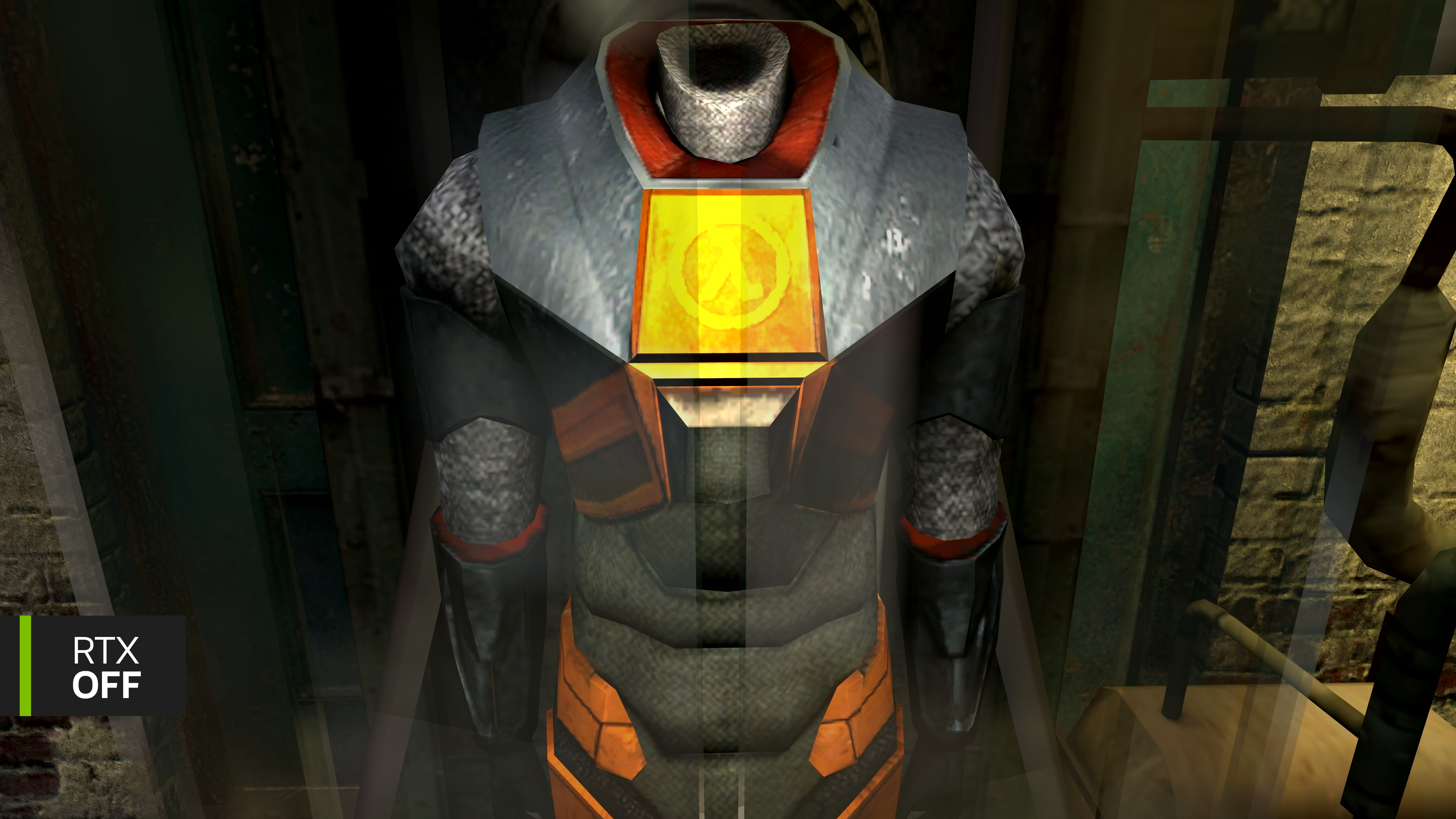 A close view of Gordon Freeman&rsquo;s HEV suit in the original Half-Life 2.