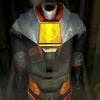 A close view of Gordon Freeman's HEV suit in the original Half-Life 2.