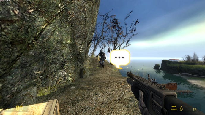 Fighting a Combine soldier in Half-Life 2: Lost Coast while a developer commentary node floats in the foreground.