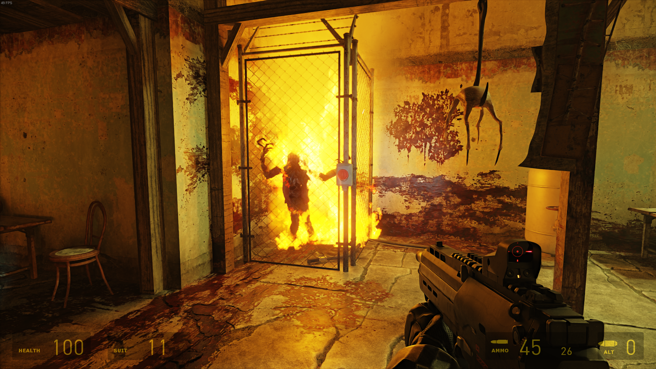 A zombie burns to death in a trap in Half-Life 2 RTX.