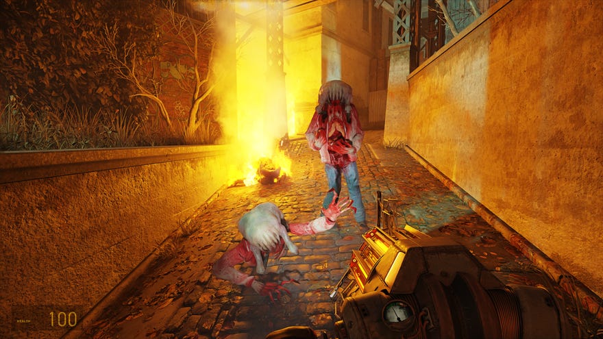 Two Ravenholm zombies onslaught  successful  the Half-Life 2 RTX demo.