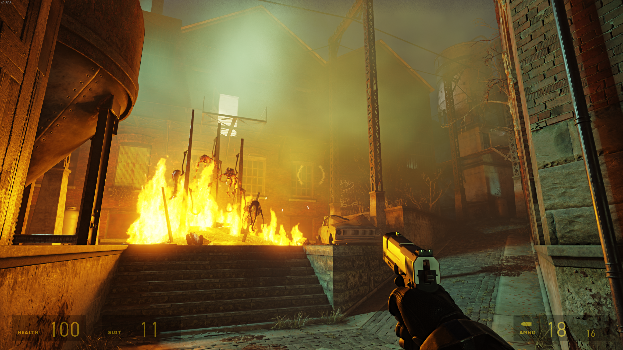 A raging fire in Ravenholm in Half-Life 2 RTX.