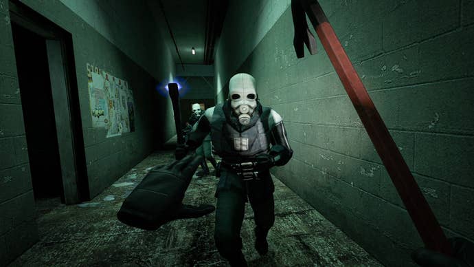 A screenshot from Half-Life 2: VR Mod - Episode 1 showing a hovering crowbar and hand in front of a Combine soldier