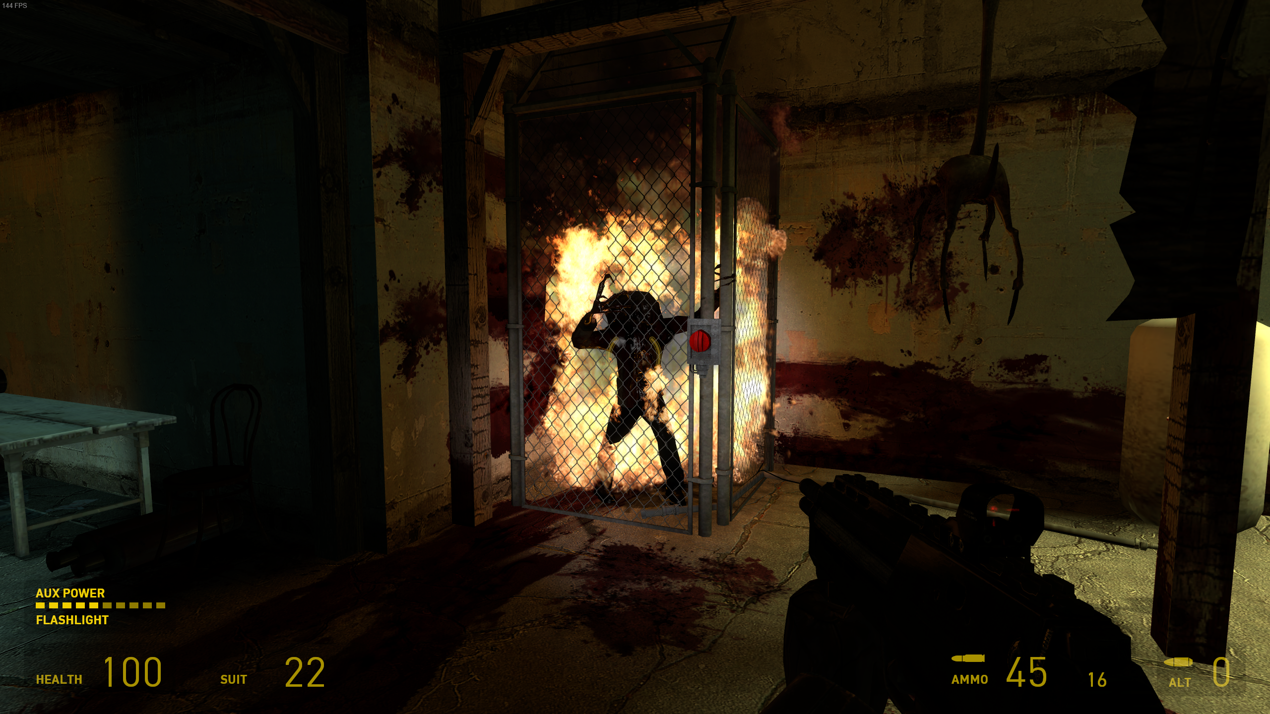 A zombie burns to death in a trap in Half-Life 2.