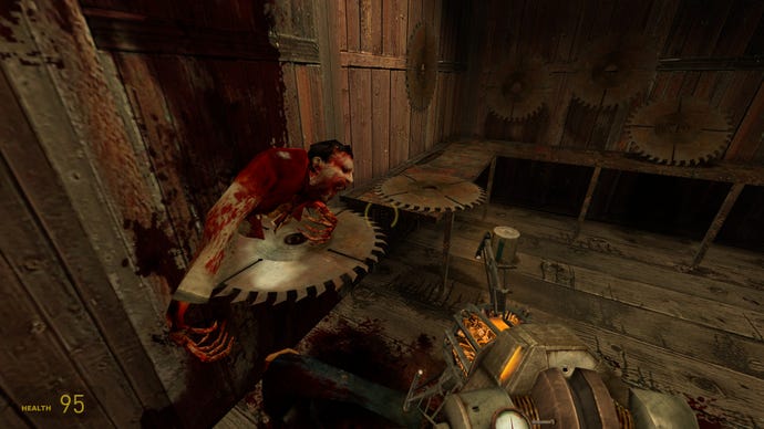 A human has been sliced in two by a saw blade in Half-Life 2