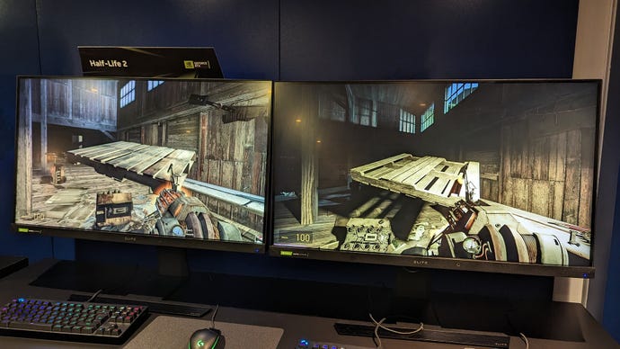 Half-Life 2 and Half-Life 2 RTX running on two adjacent monitors, for comparison.