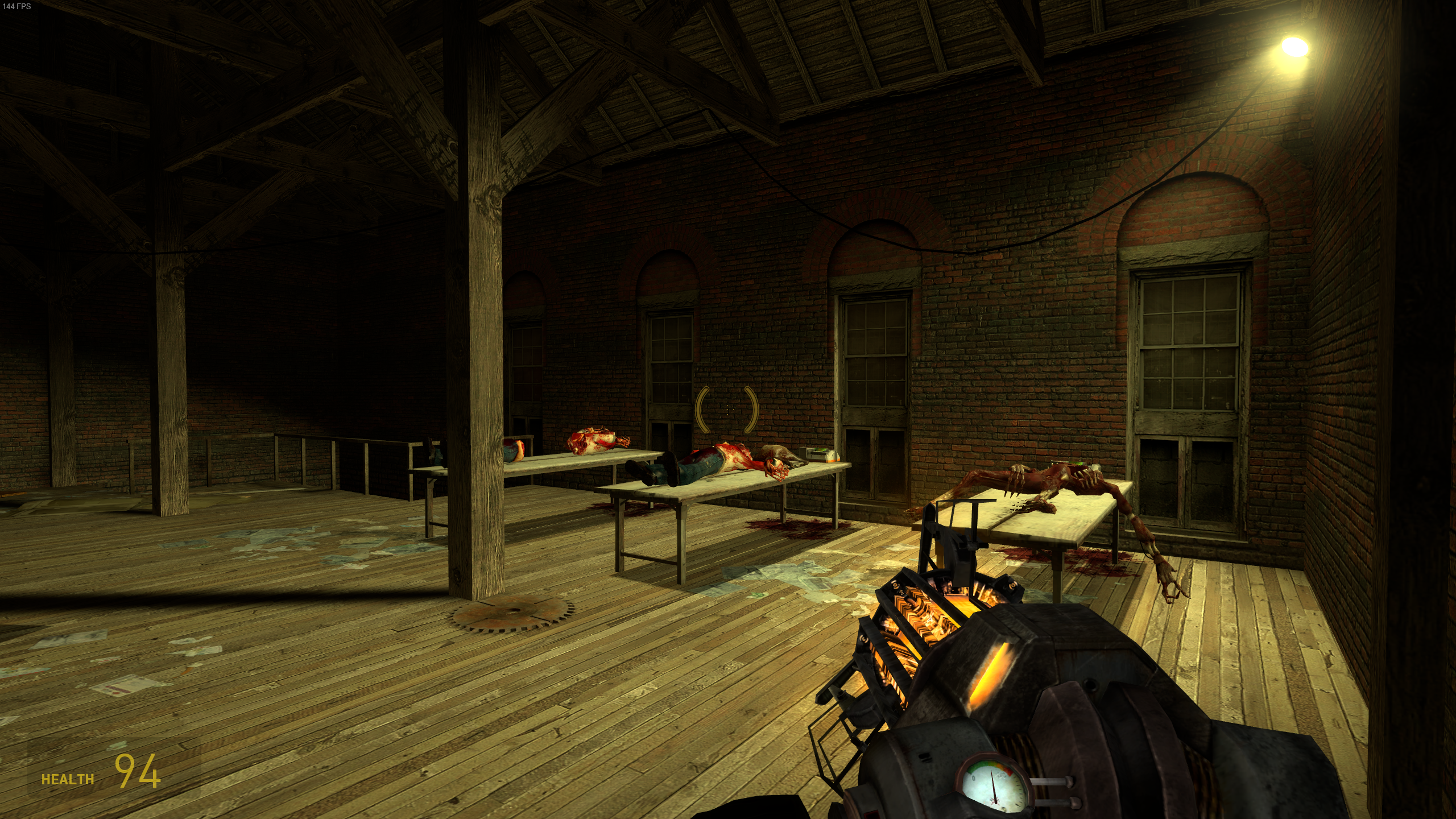 A room with dead zombies on tables in Half-Life 2.