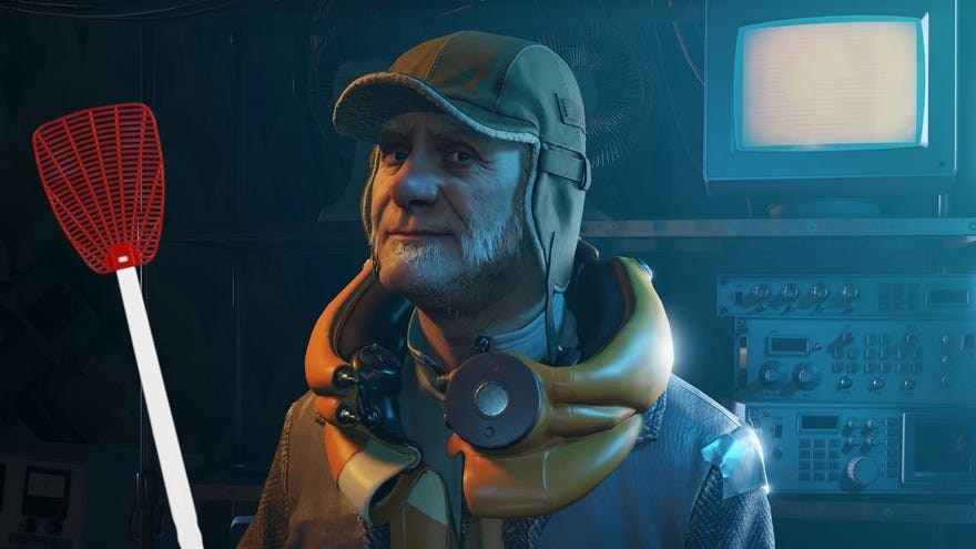 Russell from Half-Life Alyx holding up a red flyswatter.