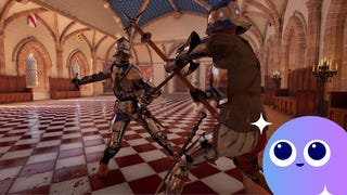 Two dudes in armour fighting in a posh ballroom in Half Sword