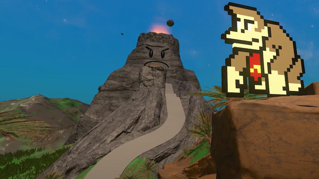 A screenshot from the DK Mountain map for Halo Infinite showing the angry mountain itself and Donkey Kong stood in front of it