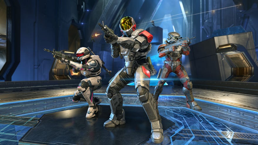 Three customised Spartans strike poses in Halo Infinite’s Arena Unlimited multiplayer mode.
